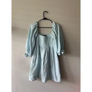 Kourt Portia Smocked Mini Dress Blue Babydoll Square Neck Balloon Sleeve Cotton thumbnail 2