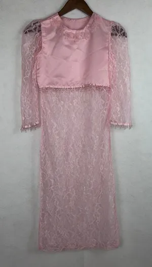Vietnamese Ao Dai Women Small Pink Lace Beaded Floral Formal Tunic Only thumbnail 1