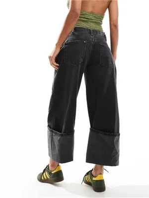 Free People Olsen Cuffed Barrel Jeans Black 28 Baggy Streetwear High Rise Grunge thumbnail 4