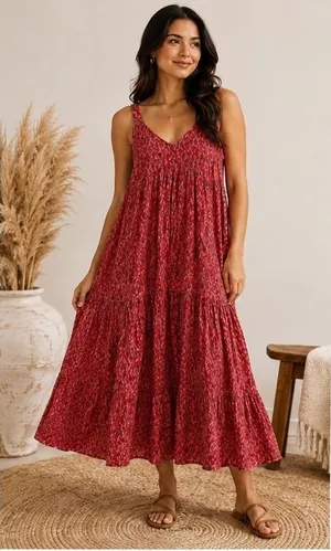 Joie Red Pink Abstract Print Cotton Tiered Maxi Dress Sleeveless V-Neck XL thumbnail 1