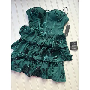 NWT Lulus Definite Glamour Emerald Mesh Sequin Bustier Tiered Mini Dress Size XS thumbnail 2