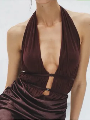 Misha Halter Cutout Satin Maxi Dress in Deep Brown thumbnail 8