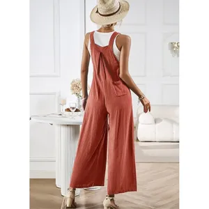 Anrabess S Linen Wide Leg Jumpsuit Rust Orange Boho Summer Overalls Vacationwear thumbnail 2