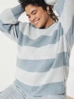 NEW Hollister Crewneck Sweater in Blue Stripe Size Large Women’s NWT thumbnail 1