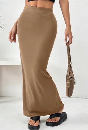 Elastic Waist Pencil khaki Maxi Skirt thumbnail 1