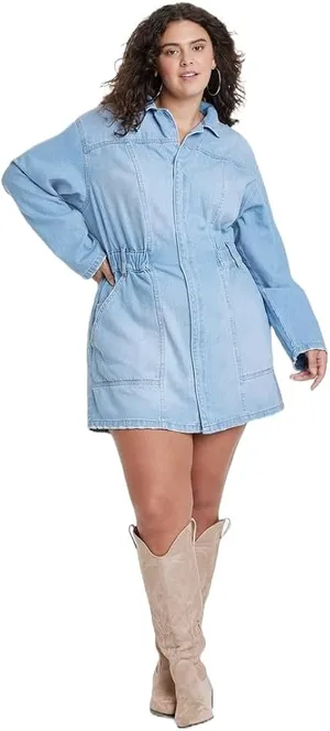 Universal Thread Denim Mini Shirtdress Size 12 Light Wash Long Sleeve Pockets thumbnail 1