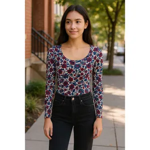 Tezenis Women’s Small Floral Long Sleeve Top Red Blue White Stretch Scoop Neck thumbnail 2