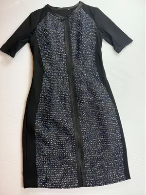 Elie‎ Tahari Women's Black Blue Tweed Dress Zipper Front Short Sleeve thumbnail 1