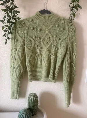 Zara Light Green Textured Bobble Turtleneck Sweater thumbnail 1