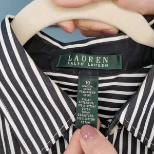 Lauren Ralph Lauren Shirt Womens 10 Black White Stripe Peplum Button Down Top thumbnail 3