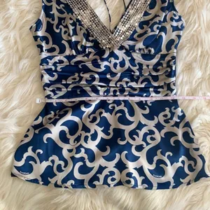 Vintage Y2K Bebe Blue Silver Sequin Silk V-Neck Blouse Tie Back Small thumbnail 7