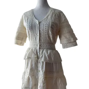 LoveShackFancy Rebecca 100% Cotton White Lace Embroidered Tiered Midi Dress thumbnail 7