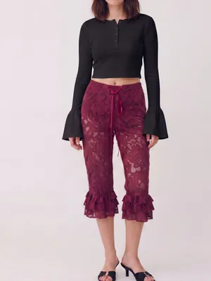 ROMWE Burgundy Grunge Fairy Sheer Lace Ruffled Bell Bottom Bloomer Pants cropped thumbnail 2
