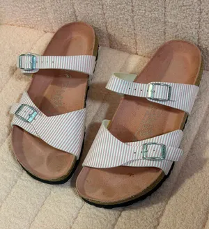 Birkenstock Birkis Sandals Pink Striped Leather Sandals Size 8 thumbnail 1