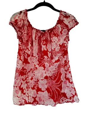 Vintage Y2K Babydoll Top Milkmaid Red Floral Ruffle Bow Fairy Coquette Size L thumbnail 1