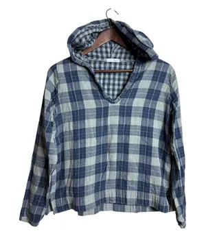 CP Shades x Free People Abbie Plaid Hooded Pullover TOp size M Blue Sage thumbnail 1
