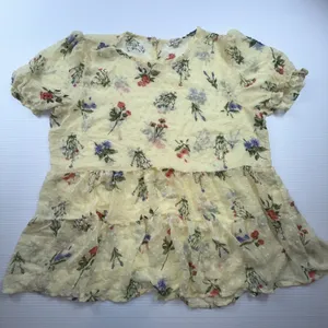Lily‎ White Floral Yellow Sheer blouse women Size L Short Sleeve thumbnail 1
