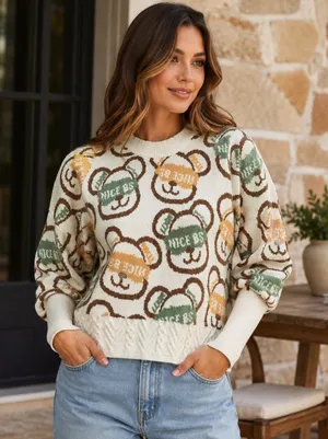 CIDER Cream Bear Print Knit Sweater with Long Ribbed Cuffs - Size S thumbnail 1