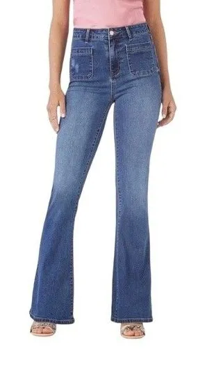 Forever 21 High Rise Patch Pocket Wide Leg Flare Jeans Medium Blue Denim Wash 28 thumbnail 1