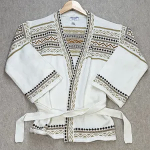 Glamour Knit Vintage Fair Isle Cardigan Sweater White Brown Geometric Belted M thumbnail 1