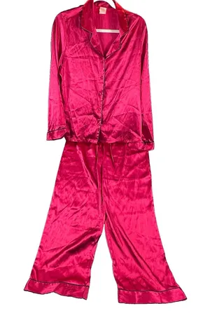 Gilligan & O'Malley Women Medium 2 Pc Sleepwear Set Red Satin Black Trim Pajamas thumbnail 1
