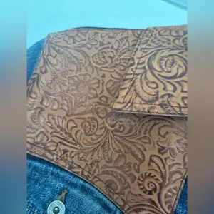 Women’s vintage jean jacket with embossed leather shoulder thumbnail 2
