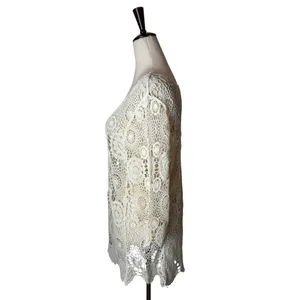 QED London Crochet Sweater Women Small Ivory Sheer Medallion Boho Coverup Hippie thumbnail 5