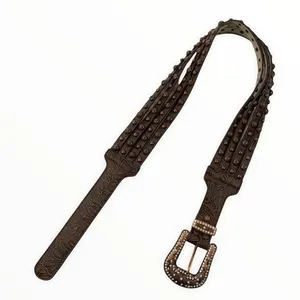 Western Genuine Leather Embossed‎ Studded Belt Vintage Rhinestone Buckle Brown L thumbnail 1