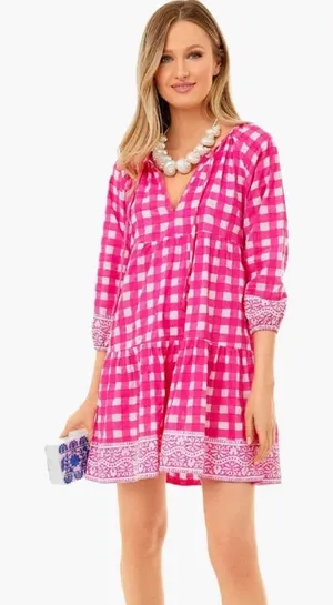 NWT TUCKERNUCK SZ‎ Block Print By Hand Priya Dress Hot Pink Gingham Sz S thumbnail 1