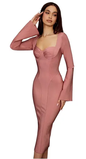 New House of CB London BODY Rose Bandage Midi Dress Long sleeve Pink bandage Y2K thumbnail 1