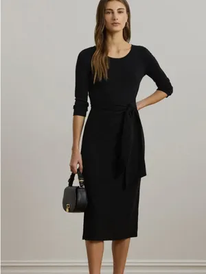 NWT Lauren Ralph Lauren Tie Front Cotton Blend Crewneck Dress Black thumbnail 7