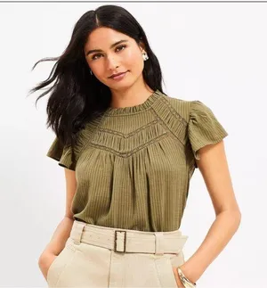 LOFT Dobby Stripe Shirred Ruffle Flutter Sleeve Tp in Olive Green. thumbnail 1