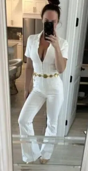FREE PEOPLE Jayde Denim Flared Jumpsuit in Pure White Size Large thumbnail 1