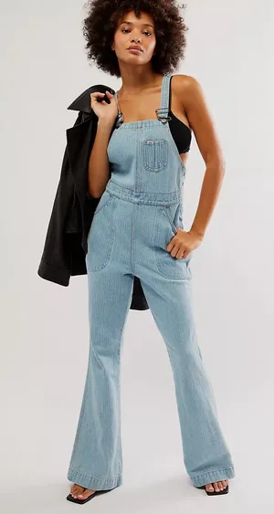 Free People x Lee Factory Flare Overalls Small Vibrant Blues Denim‎ Dungarees thumbnail 1
