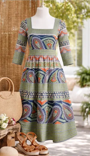 Gretchen Scott Paisley Park Dress XS‎ Square Neck Boho Midi Resort Preppy Artsy thumbnail 1