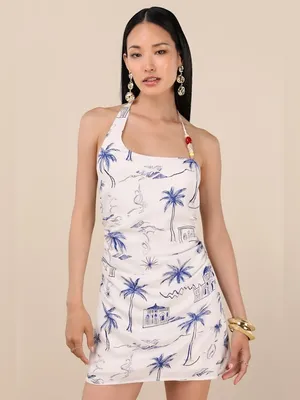 Lulus Inina Ivory & Blue Print Asymm Halter Printed Mini Dress Vacation Resort Beach thumbnail 2