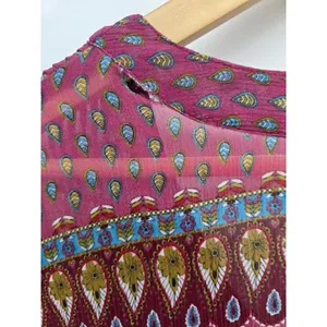 Sundance Silk Blouse Womens XL Boho Pintuck Crochet Lace Pink Paisley V-Neck * thumbnail 4