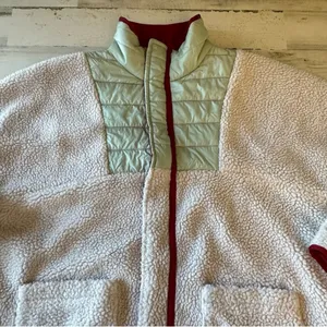 Urban Outfitters UO Mixed Media Sherpa Fleece Windbreaker Jacket Cream‎ Green Lg thumbnail 5