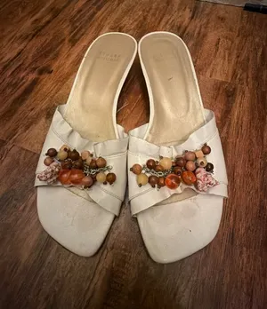 Stuart Weitzman White Linen Beaded Kitten Heel Slide Sandals thumbnail 1