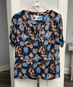 Christopher & Banks Sz M Sheer Floral Blouse Navy Blues Pinks White thumbnail 1