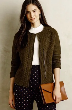 Anthropologie KNITTED & KNOTTED Green Wool Zippered Cable Knit Cardigan Medium‎ thumbnail 1