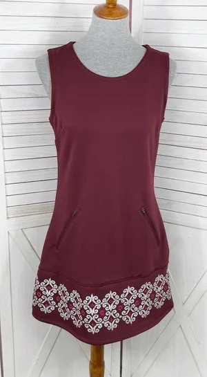 Athleta Sleeveless Tunic Fleece‎ Lined Scuba Knit Dress Maroon Small thumbnail 1