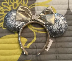 NWOT Disney Parks Castle Jewel Minnie Mouse ear headband silver sequins gold bow thumbnail 1