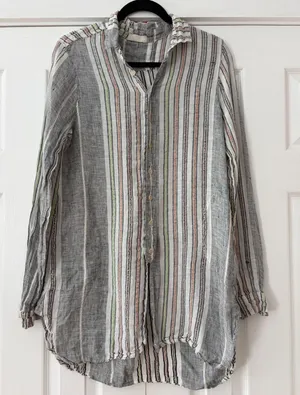 CP Shades Women Grey White Striped 100% Linen Button Down Tunic Top Small thumbnail 1