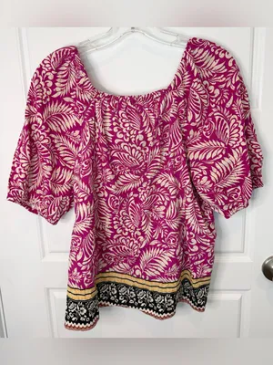 Loft Petites Pink Botanical Print Square Neck Puff Sleeve Blouse MP NWT thumbnail 6