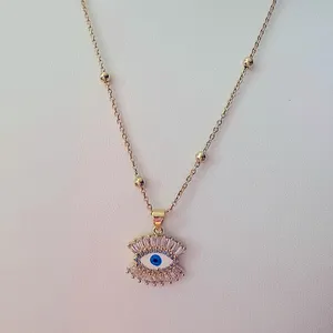 NEW‎ Handmade Evil Eye Yellow Gold Filled Simulated Diamond Necklace, 18-20” thumbnail 5