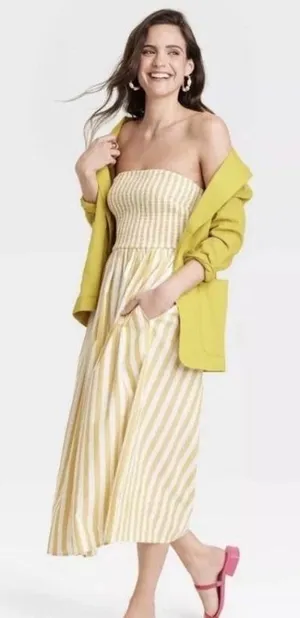 A New Day‎ | Woman's Yellow White Striped Smocked Sundress Midi Dress, Size S thumbnail 1