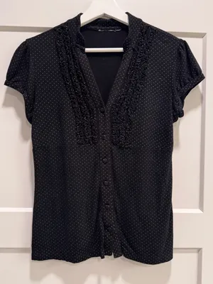 Y2K Polka Dot Button Up Cap Sleeve Blouse Black Size M thumbnail 1