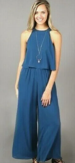 ALTAR'D STATE Jumpsuit Med Blue Wide Leg Halter Sleeveless One Piece High‎ Neck thumbnail 1
