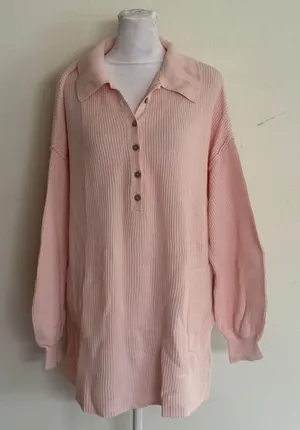 Free People FP Beach Pink Ribbed Knit Polo Tunic Sweater Linen Cotton‎ Blend M thumbnail 1